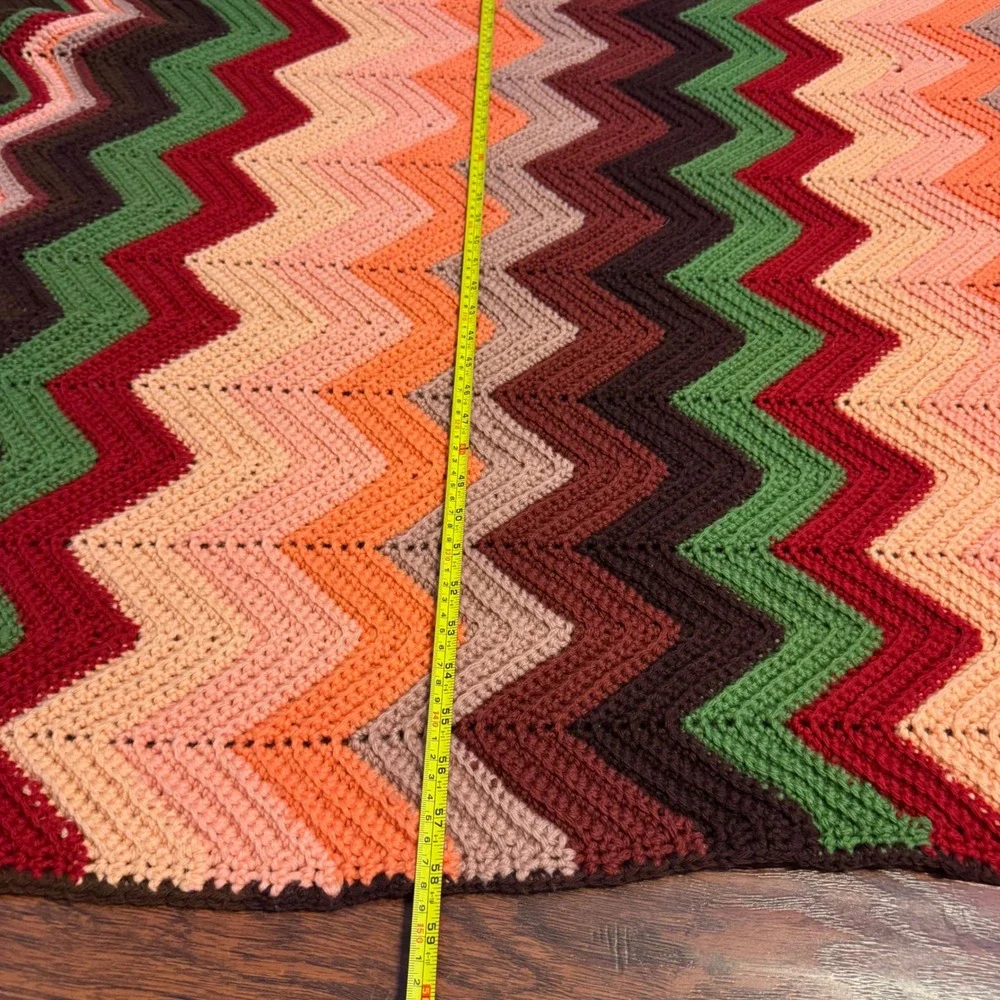 Vintage Retro MCM Grandma Zig Zag Crochet Blanket Throw Brown Multi Color 58x48